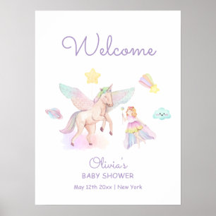 Póster Bienvenida Pastel Purpura Princesa Unicornio Baby 