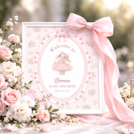 Póster Bienvenida Pequeño Conejo Lazo Rosa Floral Baby Sh