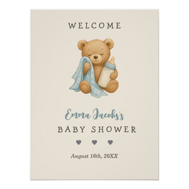 Póster Bienvenida personalizada de Baby Shower Teddy Bear (Anverso)