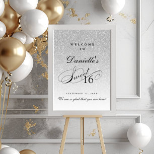 Póster Bienvenida personalizada Silver Purpurina Sweet 16
