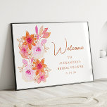 Póster Bienvenida Personalizado de ducha Naranja rosa Boh<br><div class="desc">Boho acuarela Naranja rosado Flores Personalizado ducha de novia Rótulo de bienvenida Poster</div>