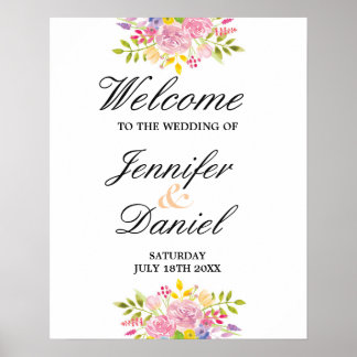 Póster Bienvenida Poster Boda Recepción con flores rosada