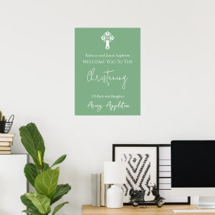 Póster Bienvenida Poster Cruz Floral Christening Sage Gre