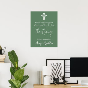 Póster Bienvenida Poster Floral Cross Christening Fern Gr