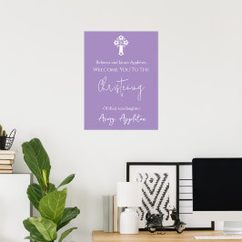 Póster Bienvenida Poster Floral Cross Christening Lilac