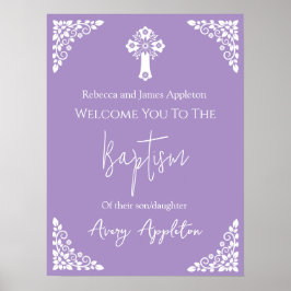 Póster Bienvenida Poster Floral Cross Christening Lilac