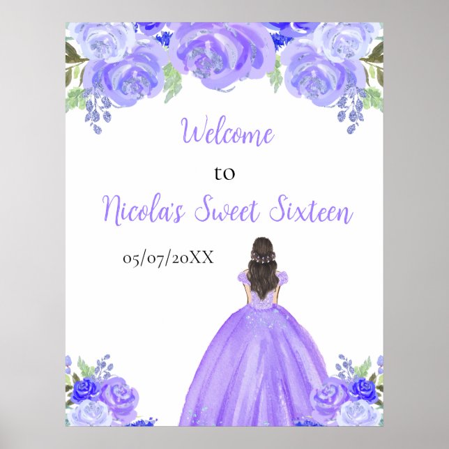 Póster Bienvenida Princesa de Cabello Marrón Cumple Dulce (Frente)