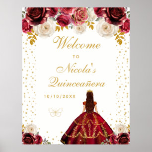 Póster Bienvenida Princesa de Flores Quinceañera Roja