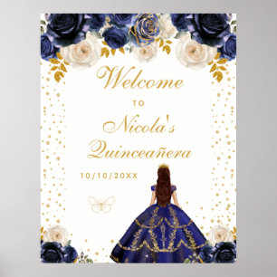 Póster Bienvenida Princesa de Quinceañera Floral Azul Mar