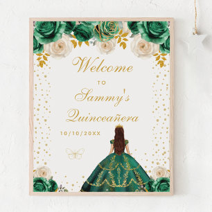 Póster Bienvenida Princesa Floral Verde Quinceañera