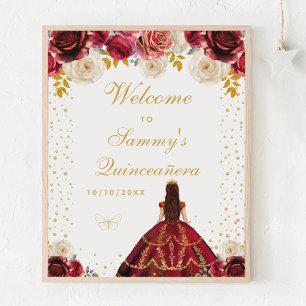 Póster Bienvenida Princesa Quinceañera Floral Roja