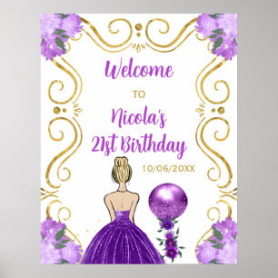 Póster Bienvenida púrpura de la fiesta de cumpleaños de l