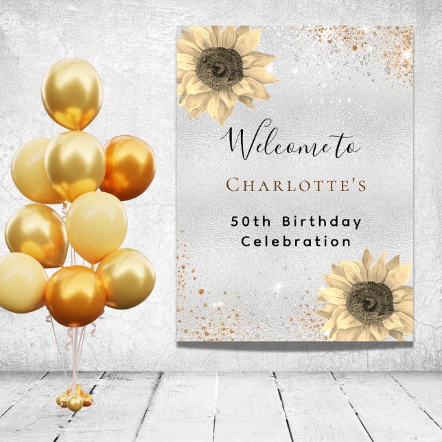 Póster Bienvenida purpurina de oro plateado girasol cumpl (Subido por el creador)