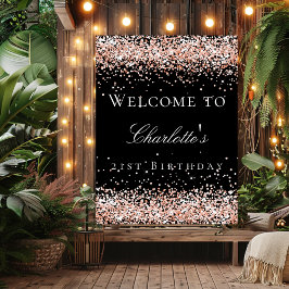 Póster Bienvenida purpurina rosa negro de cumpleaños