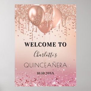 Póster Bienvenida purpurina rosa rosa rosa Quinceanera