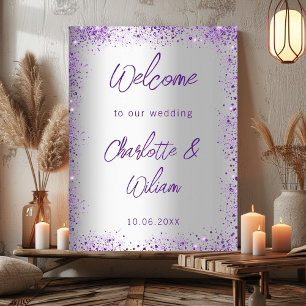 Póster Bienvenida purpurina violeta de plata boda