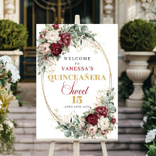 Póster Bienvenida Quinceañera Bohemiana Borgoña Verde Dor
