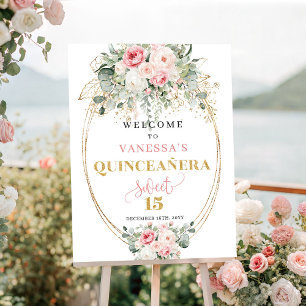 Póster Bienvenida quinceañera boho rosas doradas rubor ro