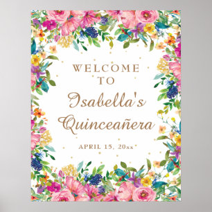 Póster Bienvenida Quinceañera con Brillo Dorado y Floral