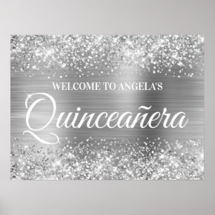 Póster Bienvenida Quinceañera con Brillo y Hoja de Plata