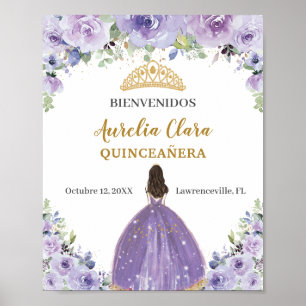 Póster Bienvenida Quinceañera Floral de Lila Púrpura