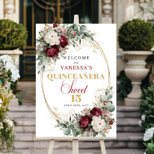 Póster Bienvenida Quinceañera Floral Dorada Burgundy Rojo