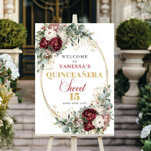 Póster Bienvenida Quinceañera floral eucalipto dorado roj