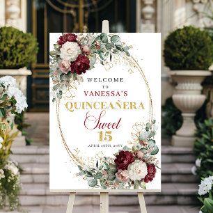 Póster Bienvenida Quinceañera Rosa Borgoña Floral Dorado