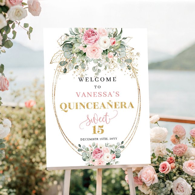Póster Bienvenida Quinceañera Rústica Rosa y Dorada (Rustic Blush and Gold Quinceañera Welcome)