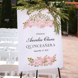 Póster Bienvenida Quinceañera Tiara Floral Rosa Dorado
