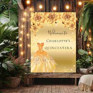 Póster Bienvenida quinceañera vestido de flores con brill