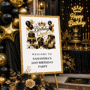 Póster Bienvenida Reina de Cumpleaños con Glitter Negro D