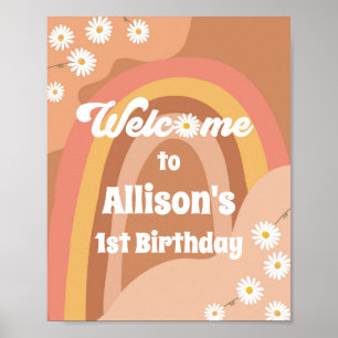 Póster Bienvenida Retro Groovy Hippie Daisy Chica Cumplea