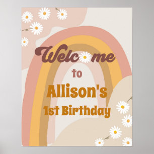 Póster Bienvenida Retro Groovy Hippie Daisy Chica Cumplea