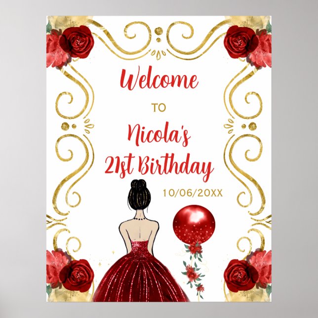 Póster Bienvenida Roja a la Princesa del Cabello Marrón d (Frente)