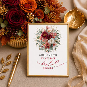 Póster Bienvenida romántica otoñal marsala floral para de