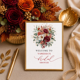 Póster Bienvenida romántica otoñal marsala floral para de