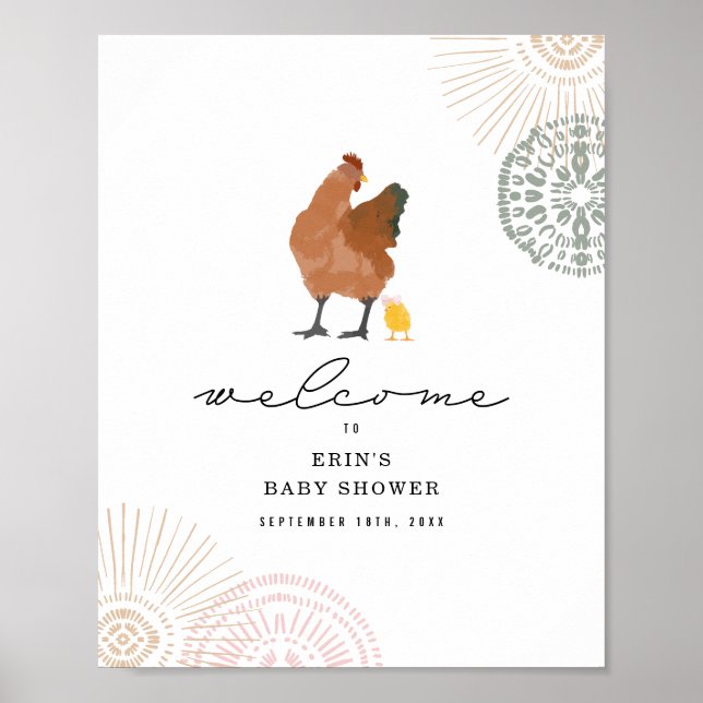 Póster Bienvenida rosa de Baby Shower Chica de pollo (Frente)