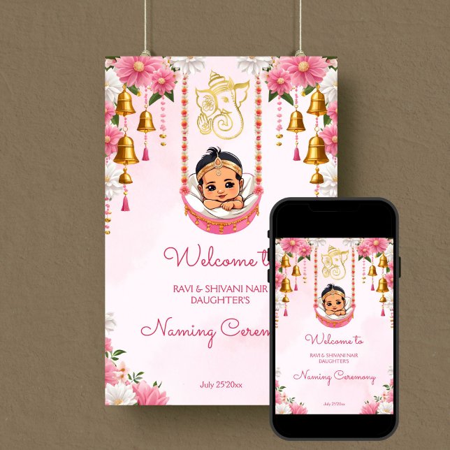 Póster Bienvenida rosa de la ceremonia de cuna de bebé co (Baby Naming Cradle Indian Namkarana Ceremony pink welcome Poster template digital download cute girl)