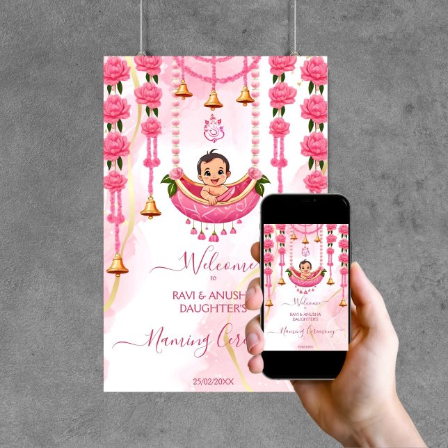 Póster Bienvenida rosa de la ceremonia de cuna de bebé co (Baby Naming Cradle Indian Namkaran Ceremony pink welcome sign editable template Poster digital downl)