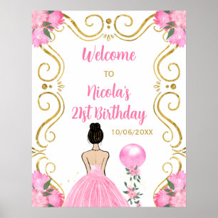 Póster Bienvenida rosa de la Princesa del Pelo Marrón de