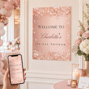Póster Bienvenida rosa oro rosado para la ducha nupcial