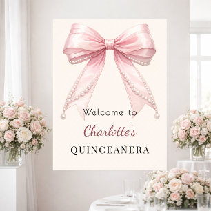 Póster Bienvenida rosa quinceañera crema perlas marfil