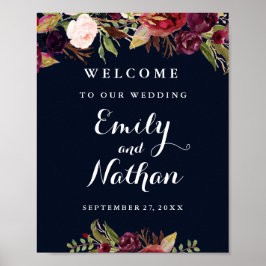 Póster Bienvenida Rótulo Boda Burgundy Navy Caída Floral