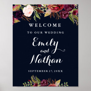 Póster Bienvenida Rótulo Boda Burgundy Navy Caída Floral