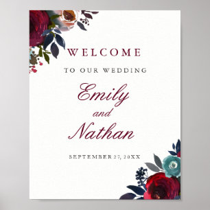 Póster Bienvenida Rótulo Boda Red Burgundy Floral
