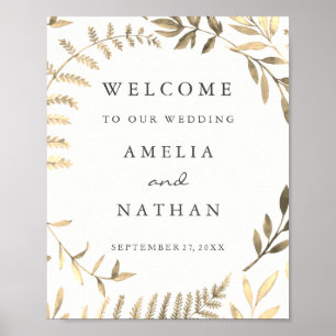 Póster Bienvenida Rótulo Golden Leaf Wreath
