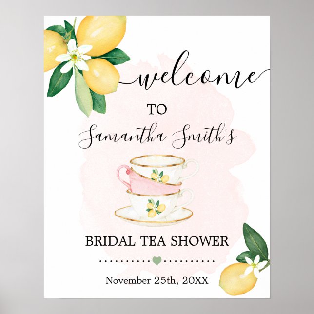 Póster Bienvenida Rótulo rosa de Bridal Tea Shower Lemons (Frente)
