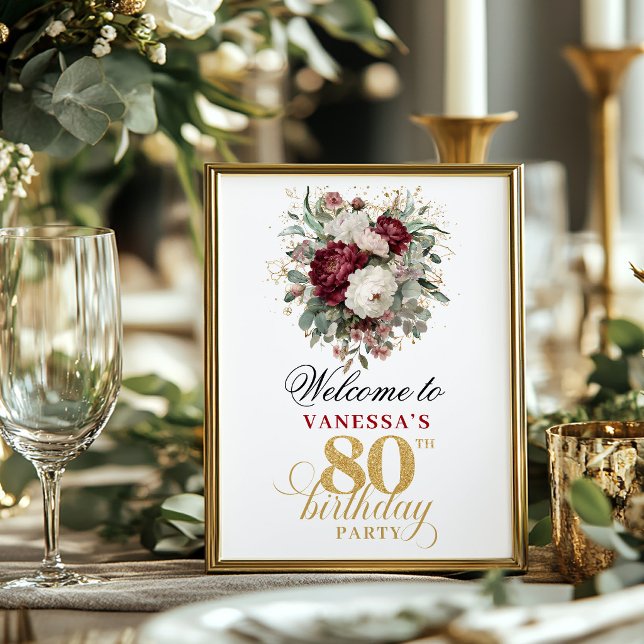 Póster Bienvenida rústica con vegetación tono rosado 80 c (Rustic greenery blush 80th birthday 8x10 welcome sign)