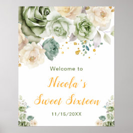 Póster Bienvenida Sage Green y Cream Floral Sweet Diecisé